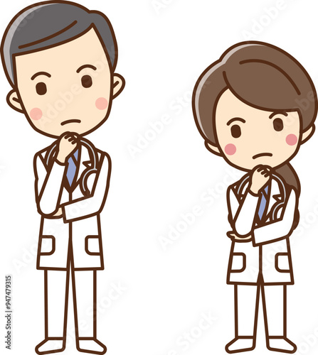 Illustration of a man and woman doctor thinking with their hands on their chins.