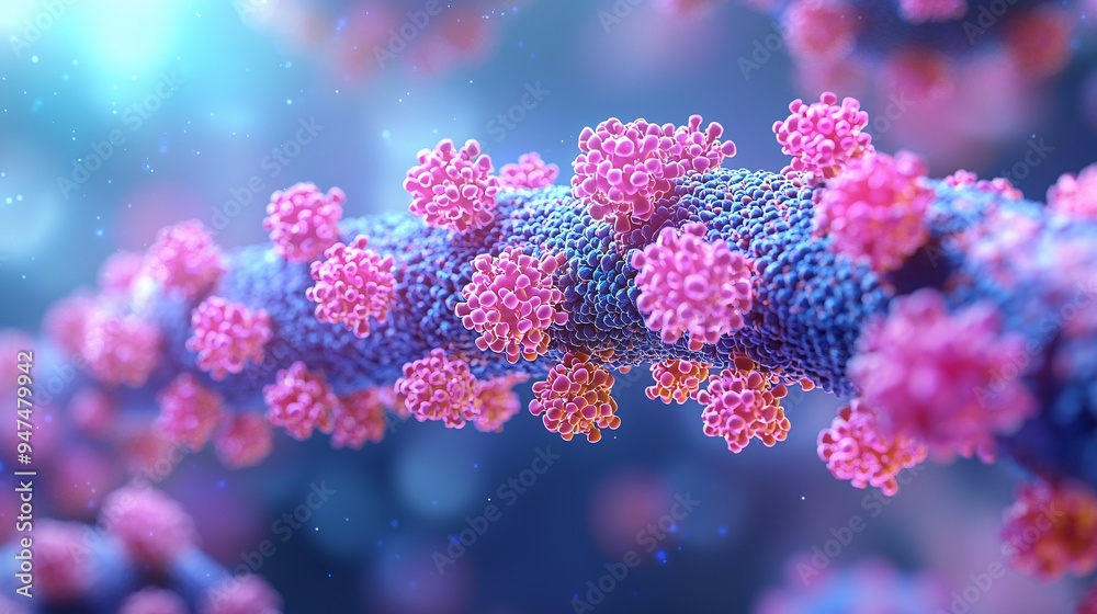 A virus with a double-stranded DNA structure that leads to skin blisters and shingles, managed by a herpes vaccine, is depicted in a 3D medical illustration. A virus with a double-stranded DNA structure that leads to skin blisters and shingles, managed by a herpes vaccine, is depicted in a 3D medical illustration.