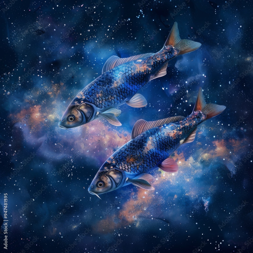 Pisces Zodiac Sign, Fish Horoscope Symbol, Two Magic Astrology Fishes, Pisces in Fantastic Night Sky Pisces Zodiac Sign, Fish Horoscope Symbol, Two Magic Astrology Fishes, Pisces in Fantastic Night Sky