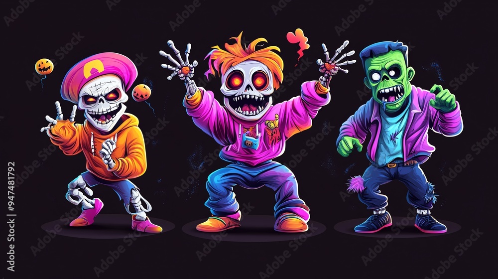A vibrant trio of cartoon skeletons in lively outfits celebrating Halloween with fun expressions and bright colors. A vibrant trio of cartoon skeletons in lively outfits celebrating Halloween with fun expressions and bright colors.