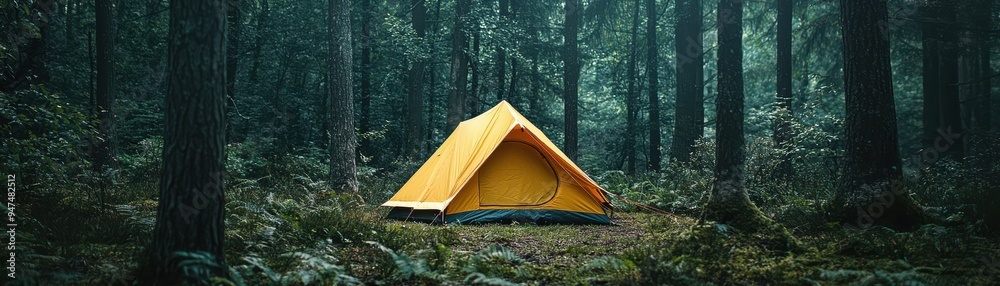 A vibrant yellow tent nestled in a serene forest, surrounded by tall trees and lush greenery, perfect for outdoor adventure. A vibrant yellow tent nestled in a serene forest, surrounded by tall trees and lush greenery, perfect for outdoor adventure.