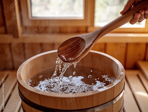 Preparing a wooden bowl of steaming water in a cozy sauna setting during early morning hours