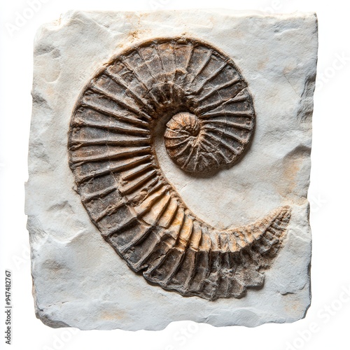 Close-up of Spiral-Shaped Olenellina Fossil from the Cambrian Period on Textured Stone, Highlighting Detailed Fossilization Patterns, Isolated on White Background.