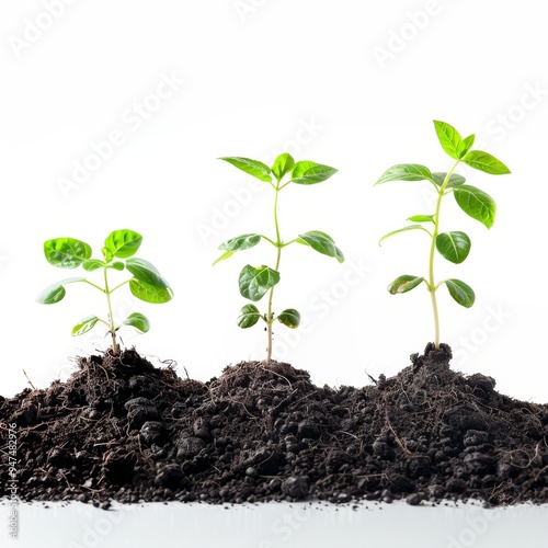 Young sprouts isolated, new plant side view, young green seedling in black earth pile closeup isolated