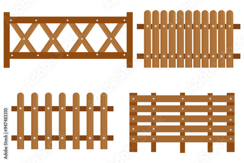 Vector wooden fence set Cartoon wooden fence vector set garden or farm palisade gates