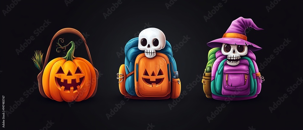 Vibrant Halloween-themed backpacks featuring pumpkin and skeleton designs, perfect for festive activities and spooky celebrations. Vibrant Halloween-themed backpacks featuring pumpkin and skeleton designs, perfect for festive activities and spooky celebrations.