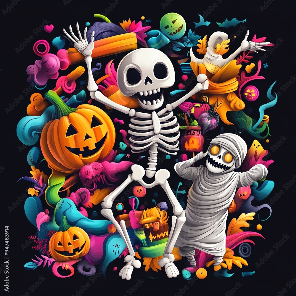 Fototapeta premium Colorful Halloween scene featuring dancing skeletons, pumpkins, and spooky characters, perfect for festive decor and celebrations.