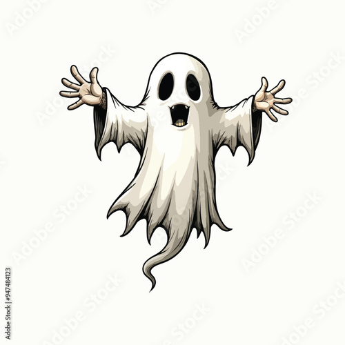 Happy Ghost with Orange Beanie and Coffee Cup - Cute Halloween Vector