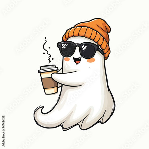 Cute Ghost with Orange Beanie and Coffee - Adorable Halloween Vector Art