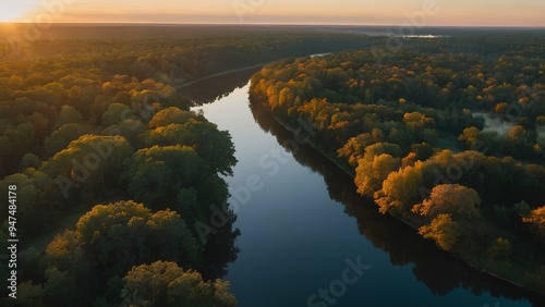 Air Balloon Journey Over Forests and Rivers at Sunrise photo