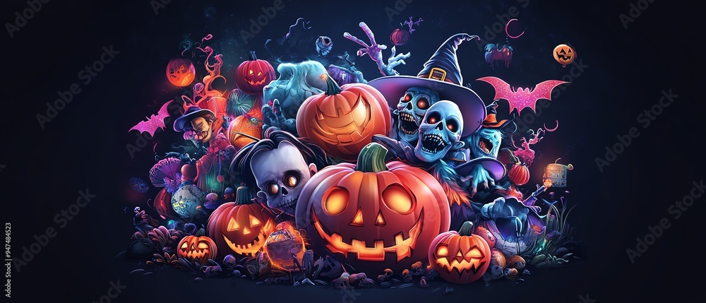 Colorful Halloween scene with pumpkins, skulls, bats, and spooky decorations, perfect for festive themes and seasonal designs. Colorful Halloween scene with pumpkins, skulls, bats, and spooky decorations, perfect for festive themes and seasonal designs.