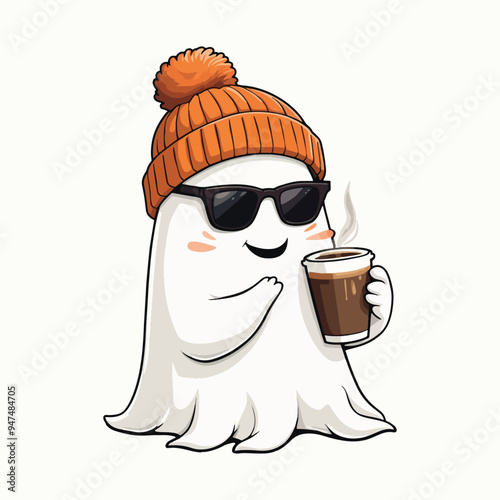 Friendly Ghost with Orange Beanie and Coffee Cup - Cute Halloween Design
