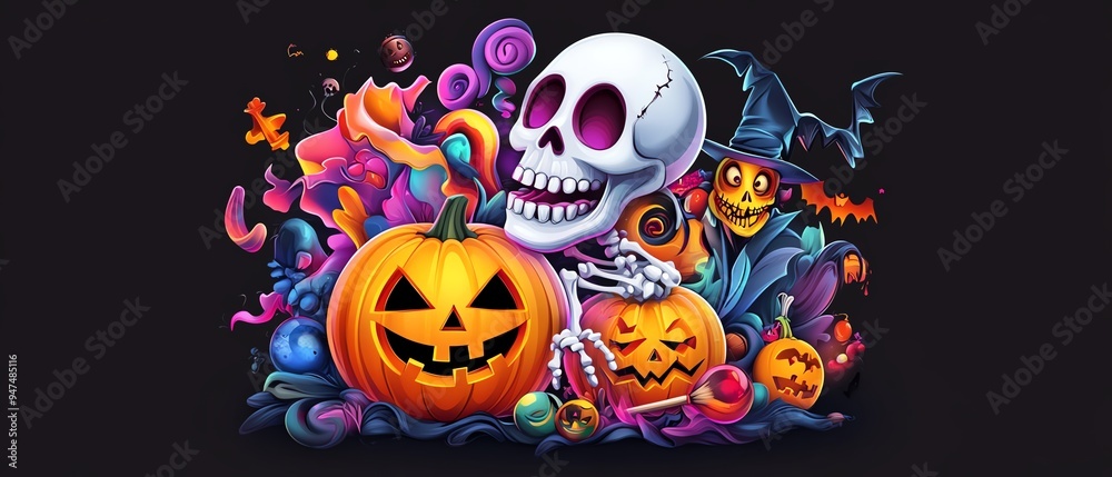 Colorful Halloween illustration featuring skull, pumpkins, and spooky elements creating a festive atmosphere.