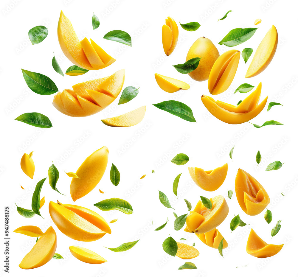 Mango slices and green leaves floating in the air isolated on transparent background Mango slices and green leaves floating in the air isolated on transparent background