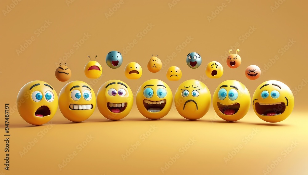 A collection of 3D emojis in a semicircle, displaying diverse emotions, against a neutral background ideal for copy space. A collection of 3D emojis in a semicircle, displaying diverse emotions, against a neutral background ideal for copy space.