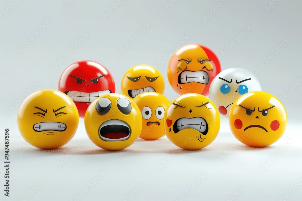 A cluster of expressive 3D emojis, each representing emotions such as joy, anger, fear, and love, against a clean, white background. A cluster of expressive 3D emojis, each representing emotions such as joy, anger, fear, and love, against a clean, white background.