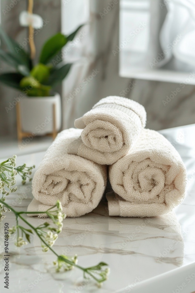 Clean soft rolled towels on white table banner, hotel, spa mockup with copy space, Clean soft rolled towels on white table banner, hotel, spa mockup with copy space,
