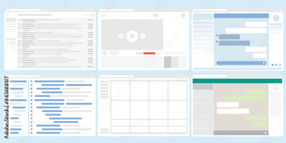 Set of program layout, UI design, Flat simple screen of website browser ...