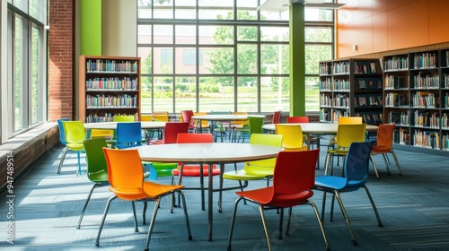 Creative study space with colorful chairs and tables