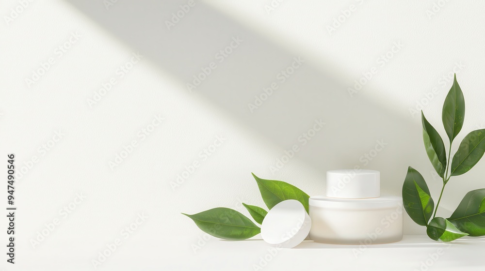 White Cream Jar with Green Leaves on White Background White Cream Jar with Green Leaves on White Background