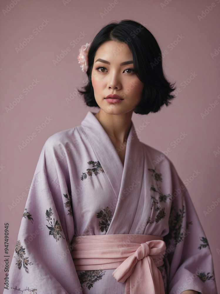Woman in lavender kimono with serene expression
Woman in lavender kimono with serene expression