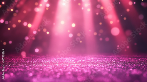 A pink spotlight illuminates a stage background for a disco party or concert, featuring a projector light and a magical glow. Perfect for a nightclub, award show, or celebratory performance with confe