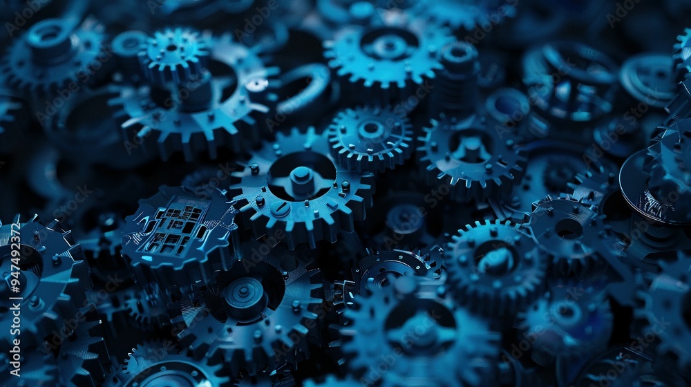 Generative AI: Abstract Blue Background with Gears and Cogs in a Dark Color Palette Generative AI: Abstract Blue Background with Gears and Cogs in a Dark Color Palette
