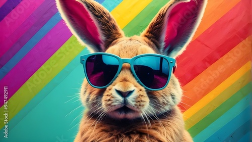 Cool bunny with sunglasses on colorful background.