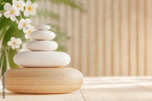 Woman meditating in wooden spa, surrounded by flowers and hot stones, 3D illustration