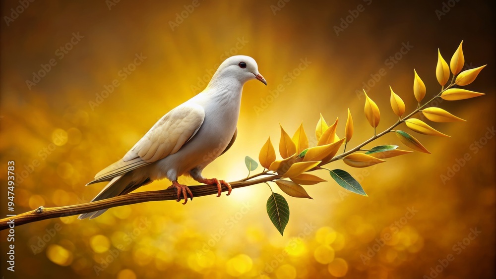 Obraz premium A dove rests on a golden olive branch, a timeless symbol of peace, its gentle coos a soothing serenade to the world.