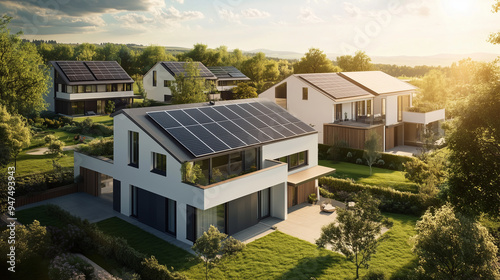 Wallpaper Mural Modern homes with solar panels in a lush green neighborhood, promoting sustainable energy solutions in a serene setting Torontodigital.ca