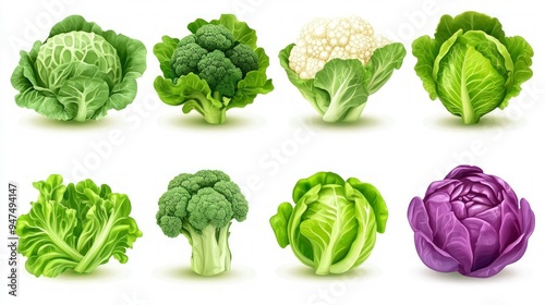 Cabbages and lettuce, leaf vegetables realistic food objects. Broccoli, romaine lettuce, green and purple cabbages, cauliflower, brussels sprout. 3d vector icon set