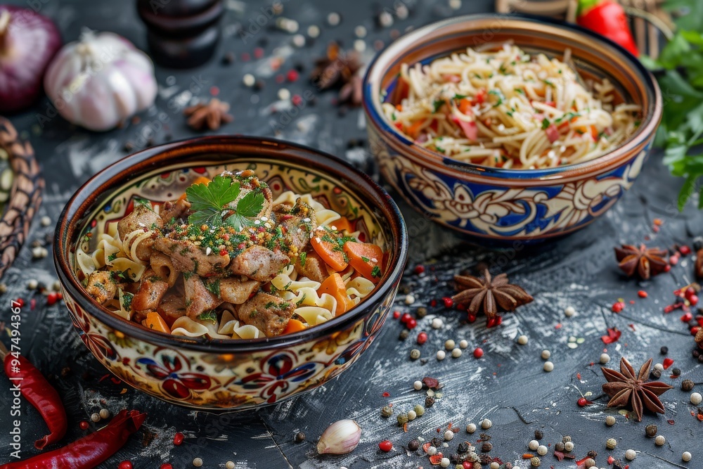 Guru Hinkal Chicken Azeri Pasta, Georgian Hinkali, Khinkali on Moss Background, Exquisite Serving Food Guru Hinkal Chicken Azeri Pasta, Georgian Hinkali, Khinkali on Moss Background, Exquisite Serving Food