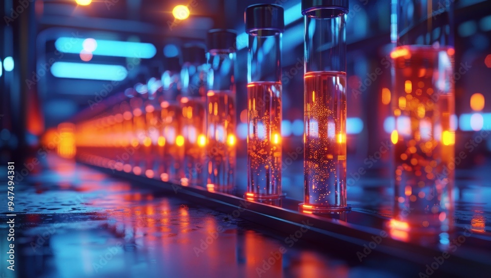 A row of test tubes filled with a glowing orange liquid, illuminated by neon lights. A row of test tubes filled with a glowing orange liquid, illuminated by neon lights.