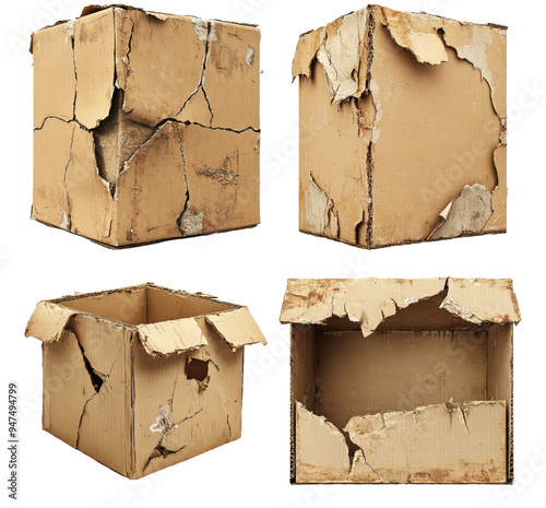 Old worn and damaged cardboard boxes isolated on transparent background photo