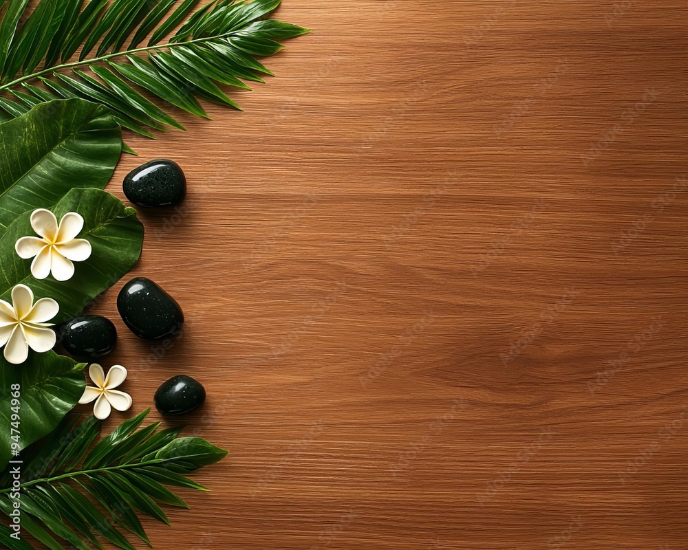 Naklejka premium Wooden spa bed, woman with hot stones and floral accents, 3D illustration