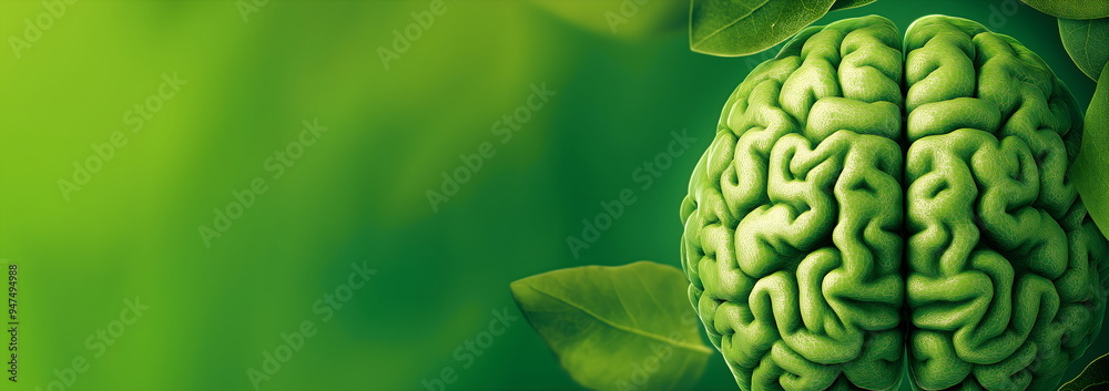 Fototapeta premium Green brain emerging from leaves. Natural cognitive health and environmental impact on neurological wellbeing. Banner with copy space