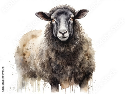 Wallpaper Mural Watercolor Black Sheep Portrait Isolated, Aquarelle Lamb, Creative Watercolor White Sheep Torontodigital.ca