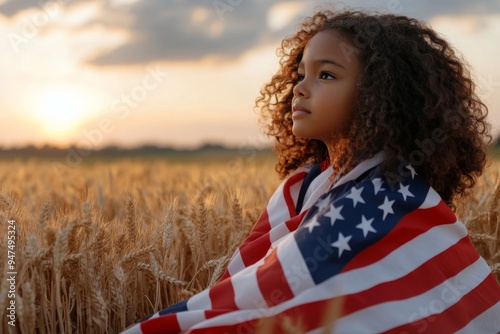 A thoughtful young girl wrapped in an American flag sits in a golden wheat field at sunset, symbolizing patriotism and innocence. photo