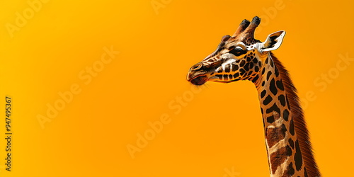 Giraffe on orange background with copy space photo