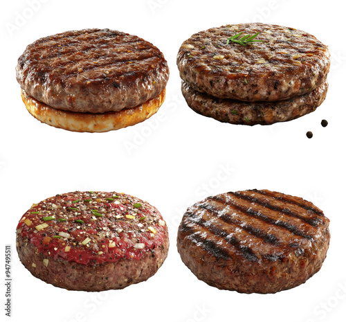 Grilled and raw beef burger patties with seasoning isolated on transparent background photo