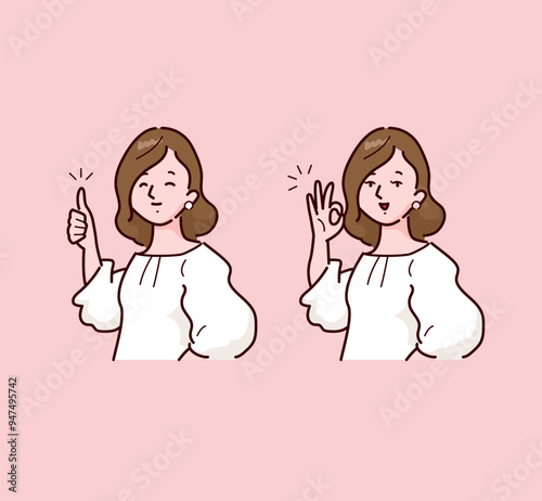 イラスト素材: ベクターイラスト素材：ハンドサインする女性
