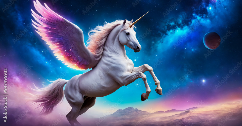 A winged unicorn set against a sparkling galaxy backdrop, inviting imaginations of a fantasy world full of wonder. A winged unicorn set against a sparkling galaxy backdrop, inviting imaginations of a fantasy world full of wonder.