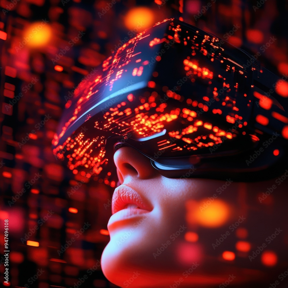 Futuristic woman wearing virtual reality goggles immersed in a digital world of glowing red lights and particles. Futuristic woman wearing virtual reality goggles immersed in a digital world of glowing red lights and particles.