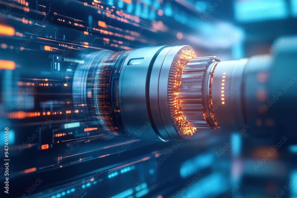 Futuristic technology component with glowing elements and data flow, representing innovation and advanced engineering. Futuristic technology component with glowing elements and data flow, representing innovation and advanced engineering.
