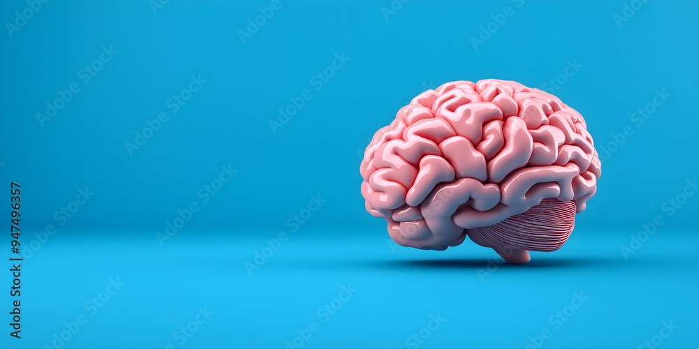 Model of human brain in soft pink against vibrant blue background for neuroscience and cognitive research concepts Model of human brain in soft pink against vibrant blue background for neuroscience and cognitive research concepts