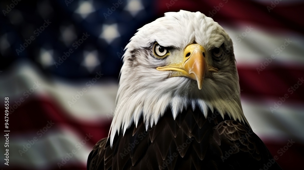Fototapeta premium Majestic eagle displayed against the background of the american flag symbolizing freedom
