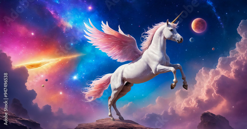 A winged unicorn set against a sparkling galaxy backdrop, inviting imaginations of a fantasy world full of wonder.