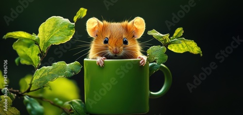 A cute mouse peeking out of a green cup surrounded by lush greenery, showcasing its playful and curious nature.