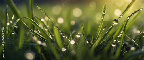 Dewdrops Glistening on Blades of Grass in the Morning Sun